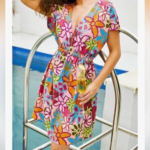 Cupshe NWT M Floral V-Neck Swim Cover-Up Dress BRIGHT Multi COLORS